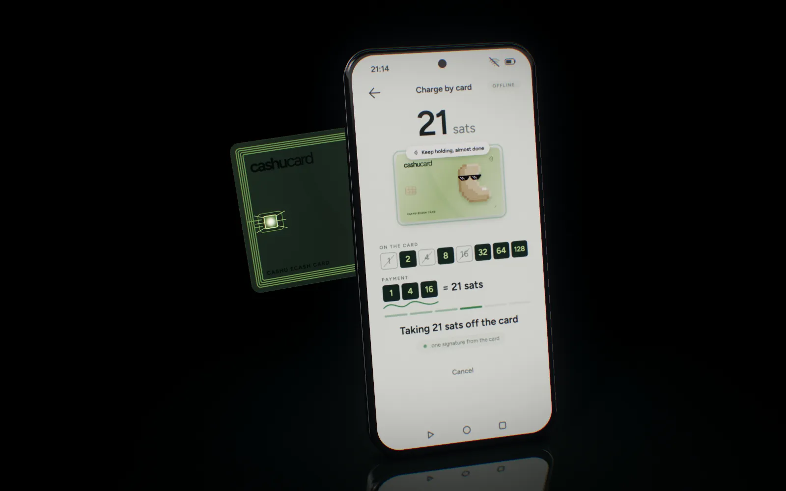 A Cashu Card held to the back of a merchant's phone, its chip lit as it signs the payment.